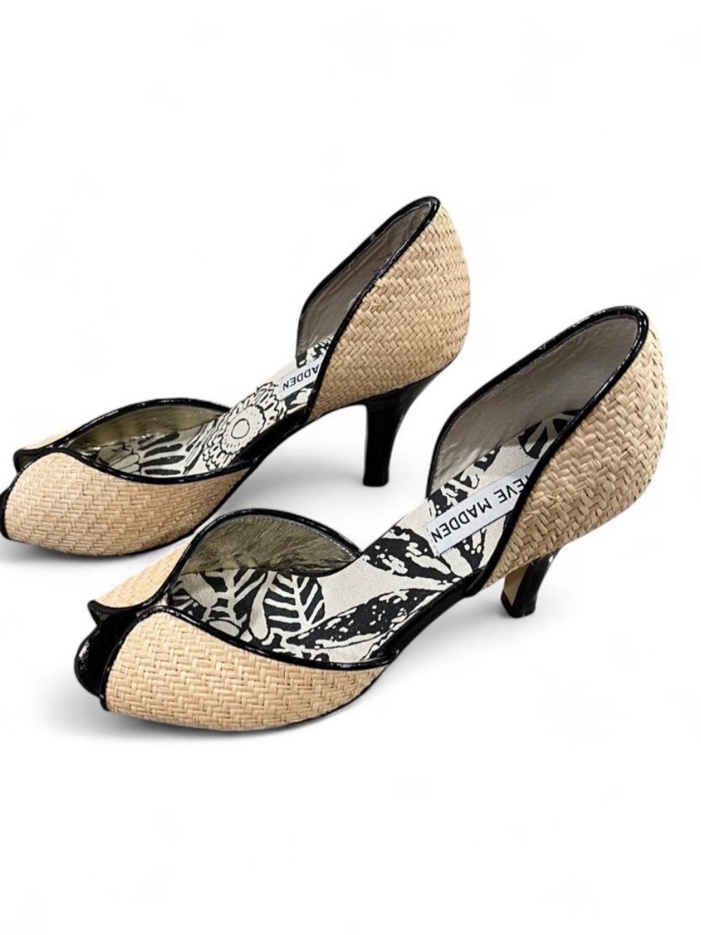 Steve Madden Woven Beige Peep-Toe Heels with Black Trim